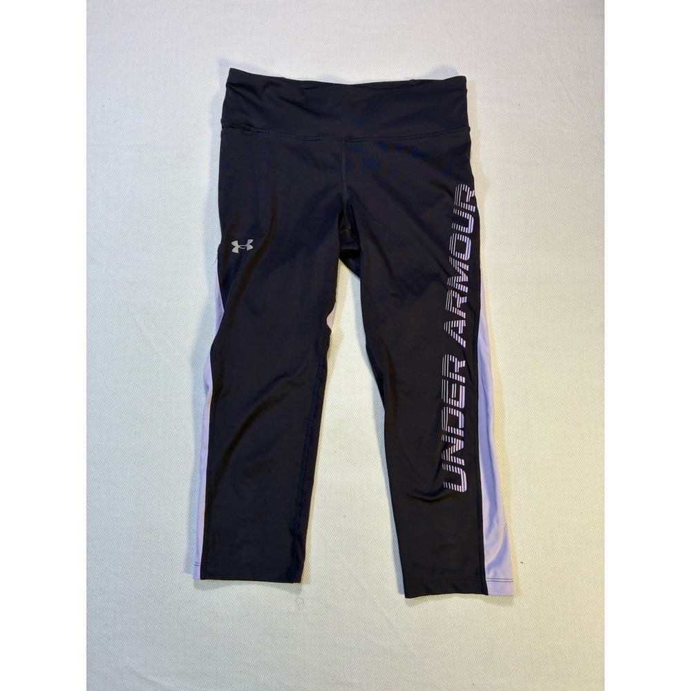Under Armour Womens Medium Compression Leggings Black Purple Side Pocket
